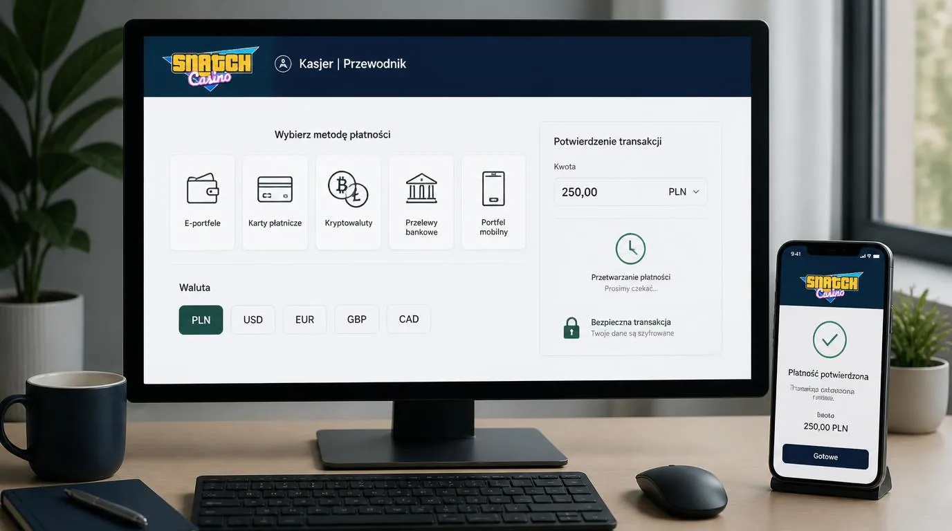Panel kasy z kartami, portfelami elektronicznymi, przelewem bankowym i kryptowalutami oraz wyborem PLN