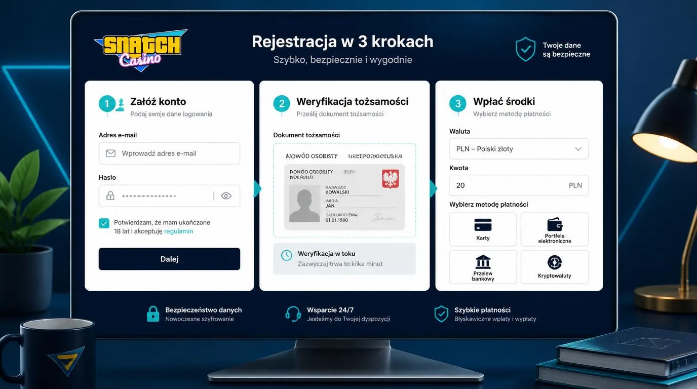 Panel konta kasynowego z formularzem rejestracji, przesyłaniem dokumentu i wyborem pierwszej wpłaty w PLN