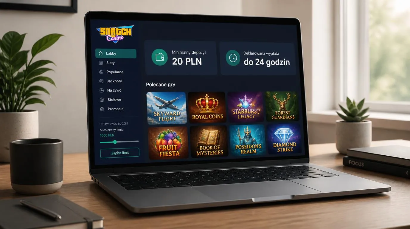 Panel kasyna z depozytem 20 PLN, terminem wypłaty do 24 godzin i kafelkami gier na ekranie laptopa