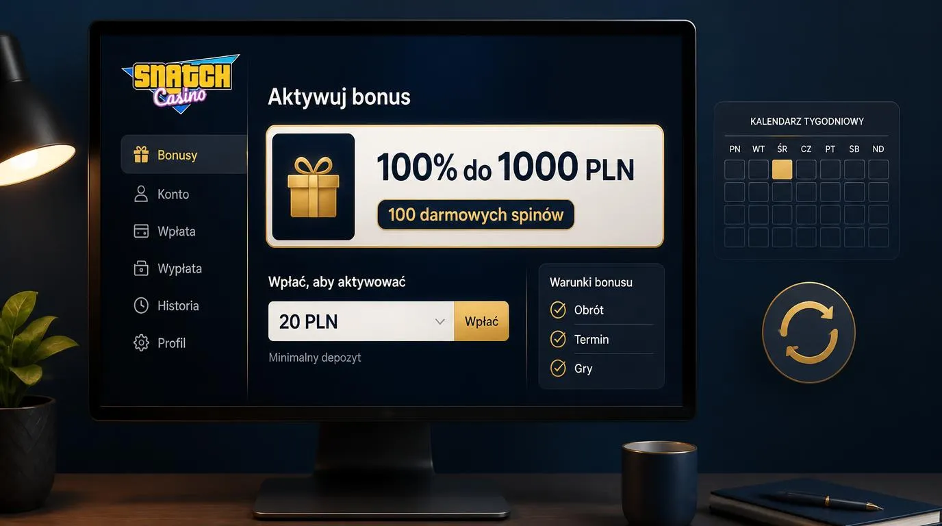 Panel bonusu powitalnego z ofertą 100% do 1000 PLN, 100 spinami i minimalnym depozytem 20 PLN